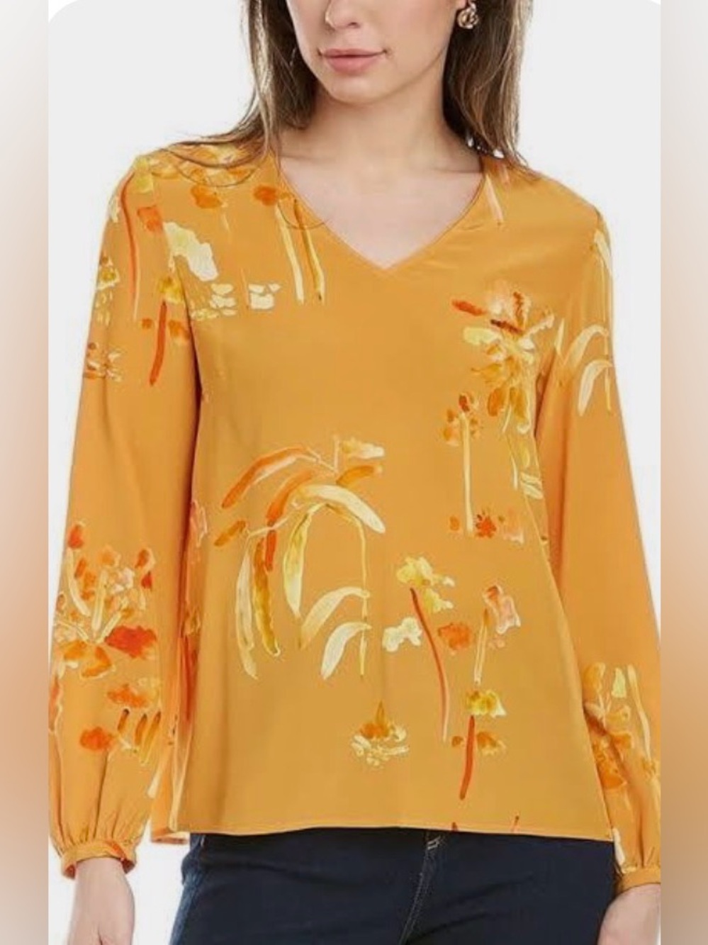 Lafayette 148 Melba Floral Silk Blouse Sz XXL V-Neck Long Sleeve $598